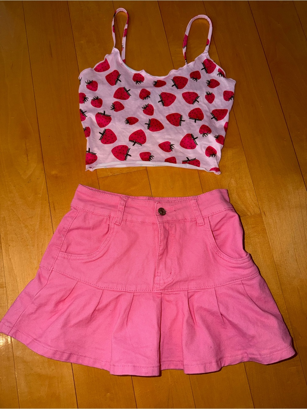 Amazon Pink Strawberry Print Crop Top and Pink Tiered Skirt Set